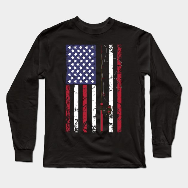 Vintage USA Fishing Rod American Flag Tee Fish Fishing Gift Long Sleeve T-Shirt by Proficient Tees